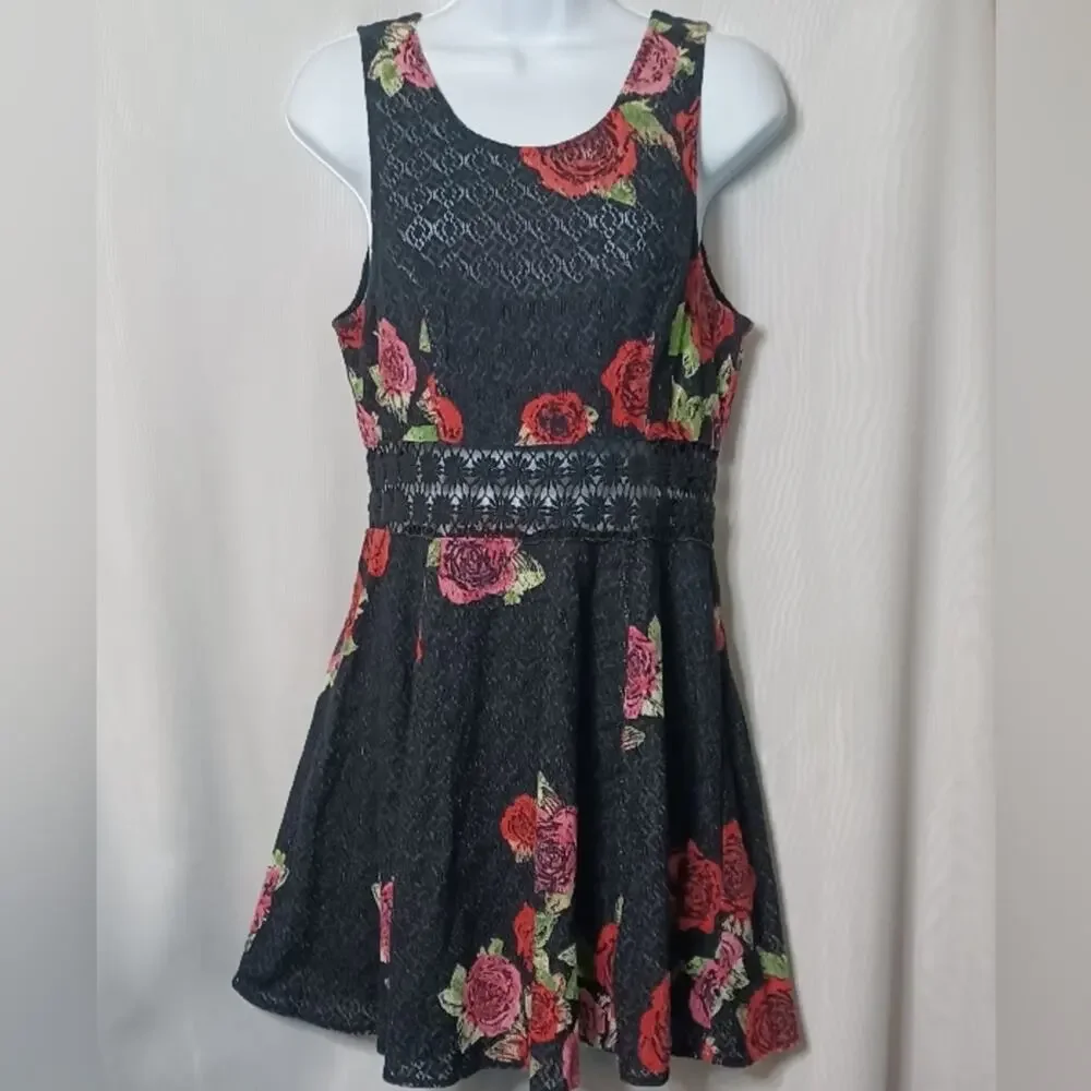 Free People Black Floral Print Lace Embroider Fit & Flare Mini Dress. 6